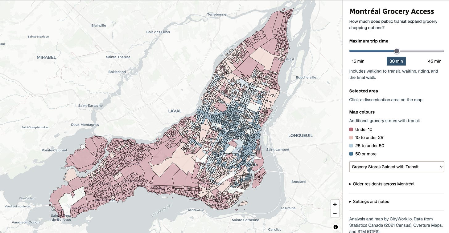 Map of additional food shops reachable with transit across Montréal, with larger gains concentrated in central areas.