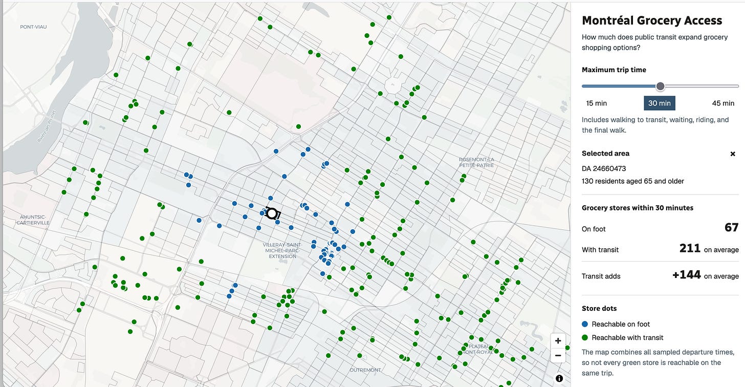 Villeray example near Jarry and Saint Hubert, showing 67 shops on foot and 211 with transit.