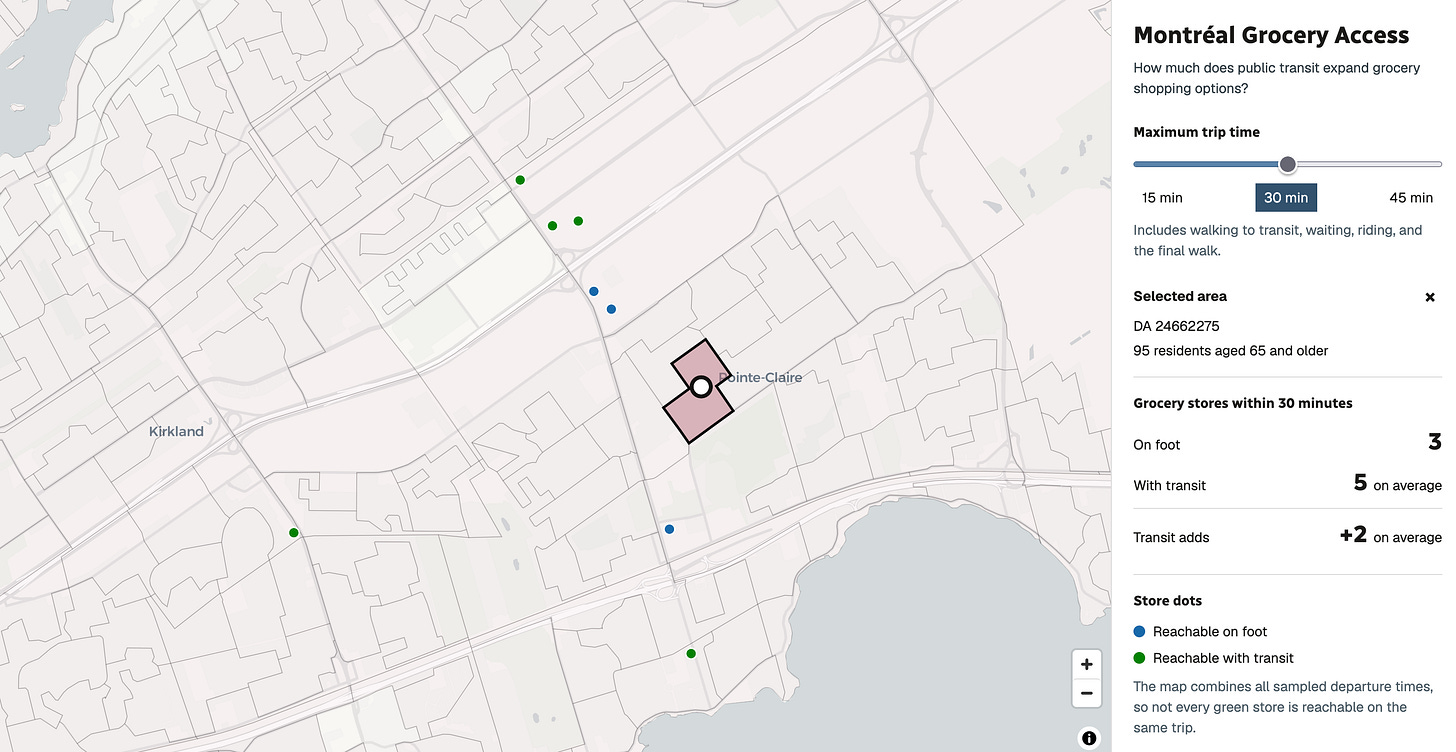 Pointe-Claire example, showing three shops on foot and five with transit.